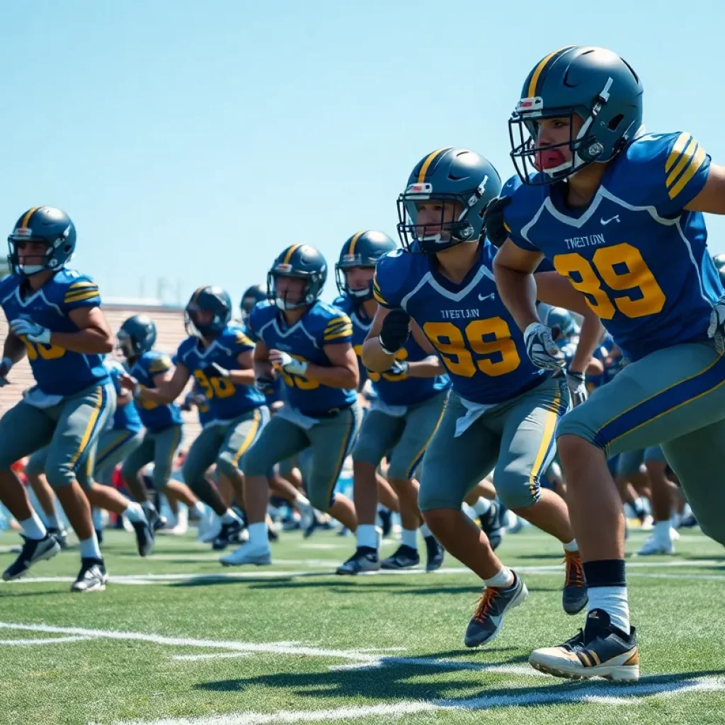 Football players practicing on the field