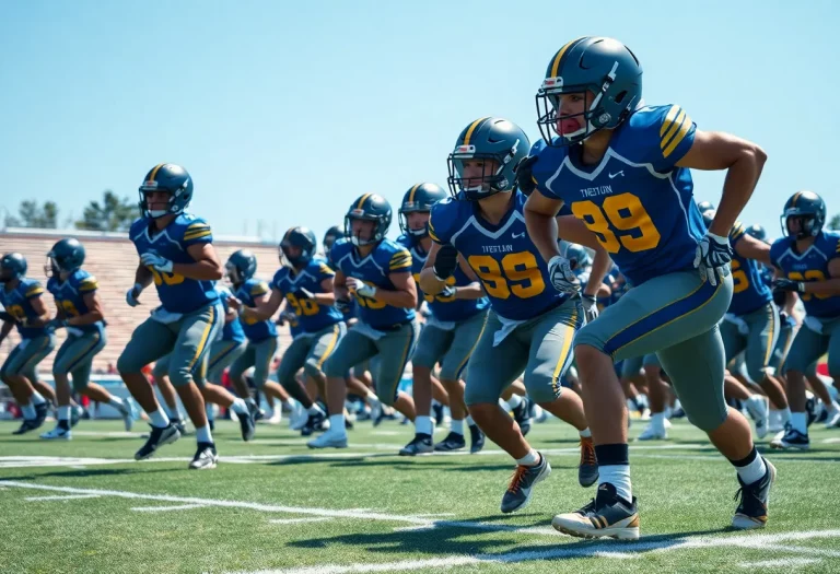 Football players practicing on the field