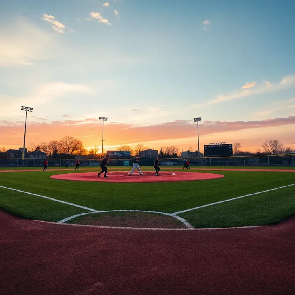 Sunset over a baseball field with players practicing