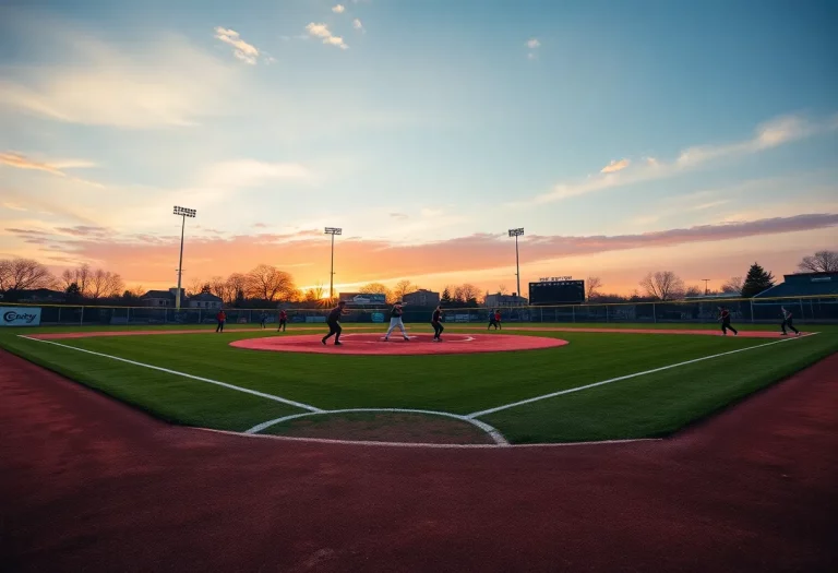 Sunset over a baseball field with players practicing
