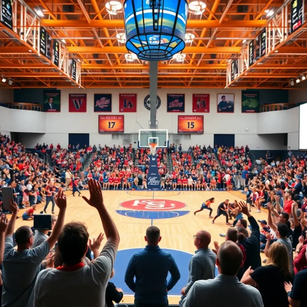 Basketball court with cheering fans