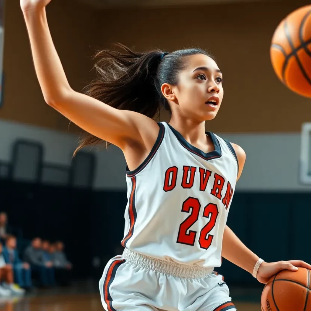 Young female basketball player competing on the court.