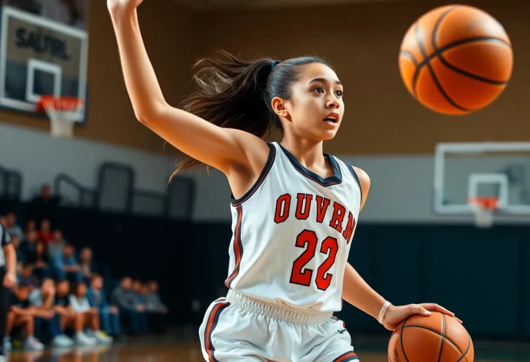Young female basketball player competing on the court.