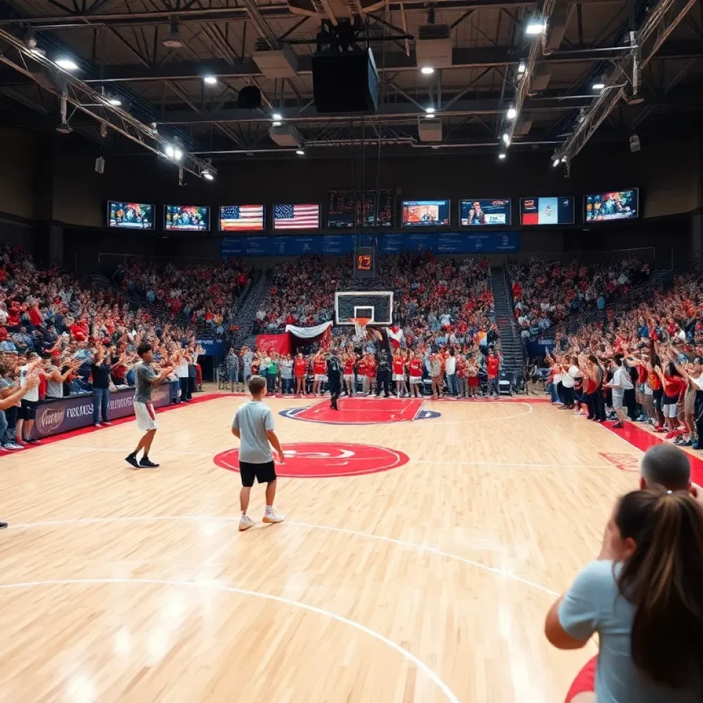 A lively basketball practice session with players engaged in teamwork on the court.