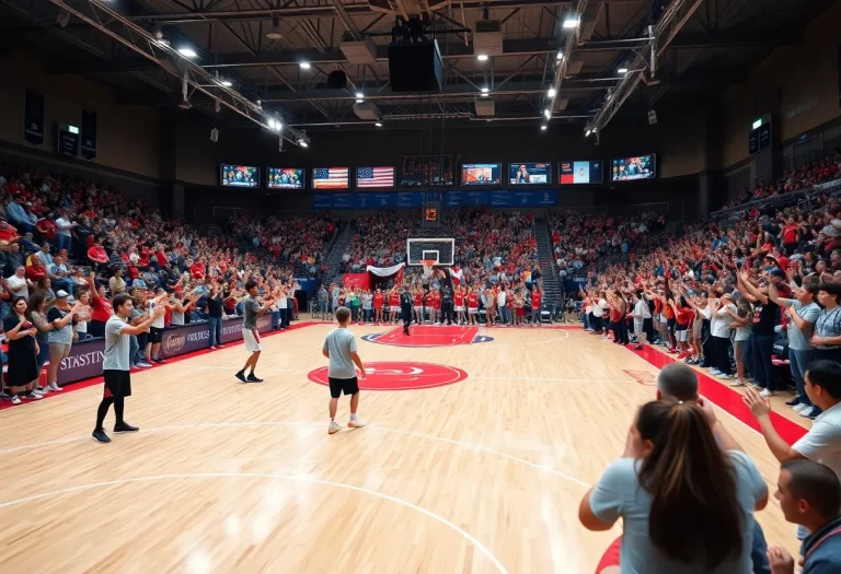 A lively basketball practice session with players engaged in teamwork on the court.