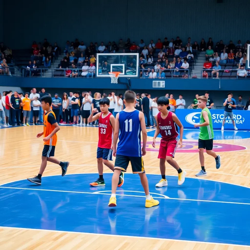 Young basketball players practicing on the court