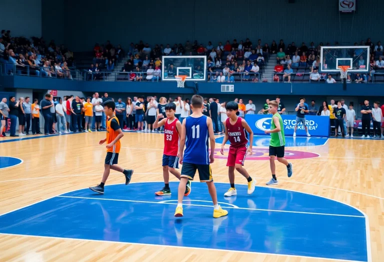 Young basketball players practicing on the court
