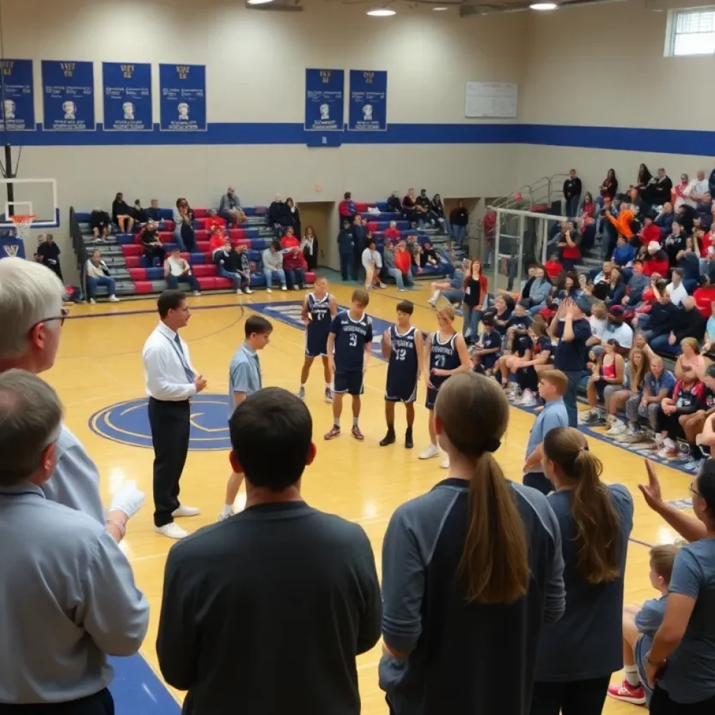 High school basketball players practicing on the court
