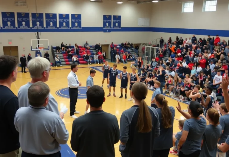 High school basketball players practicing on the court