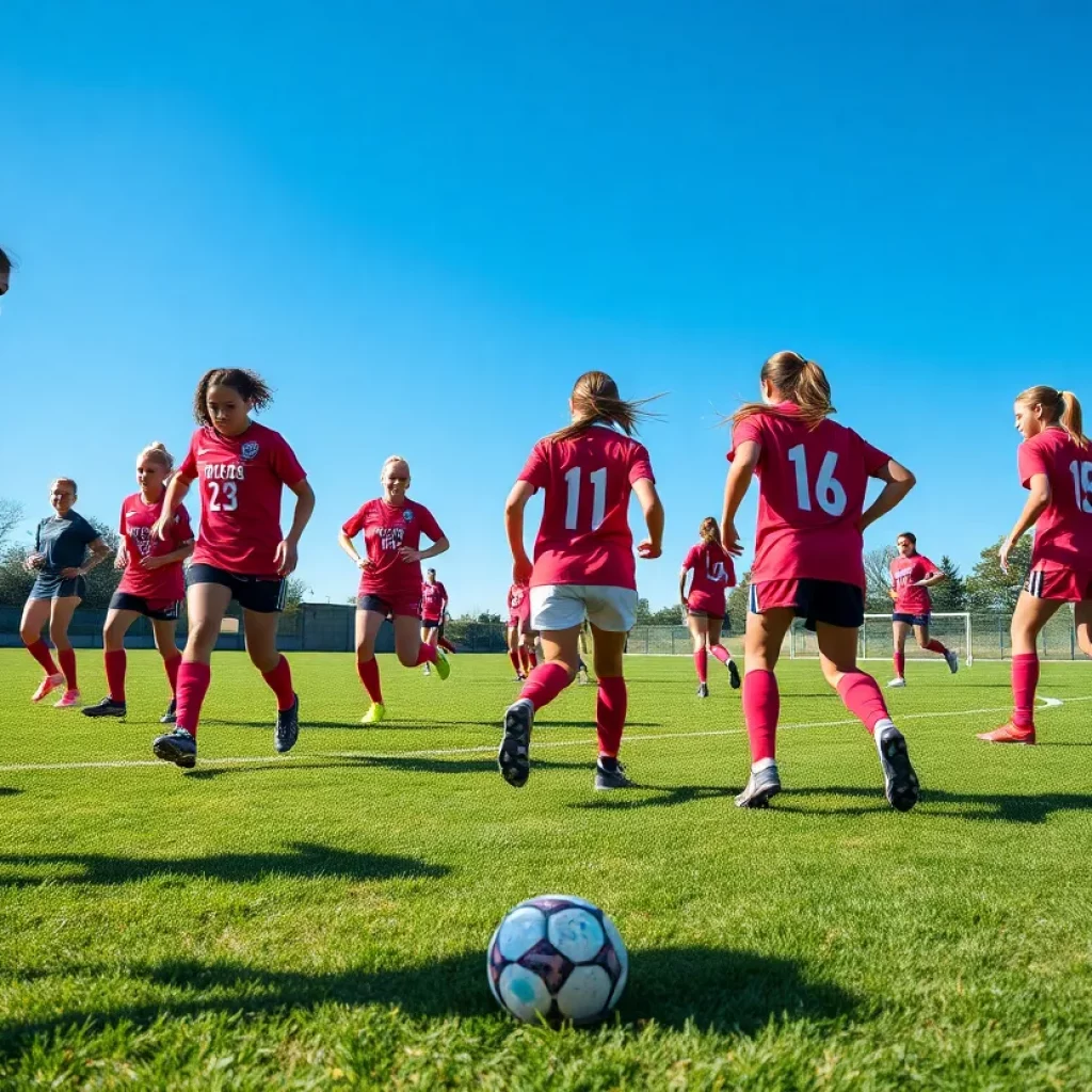 Belen girls soccer team practicing on the field