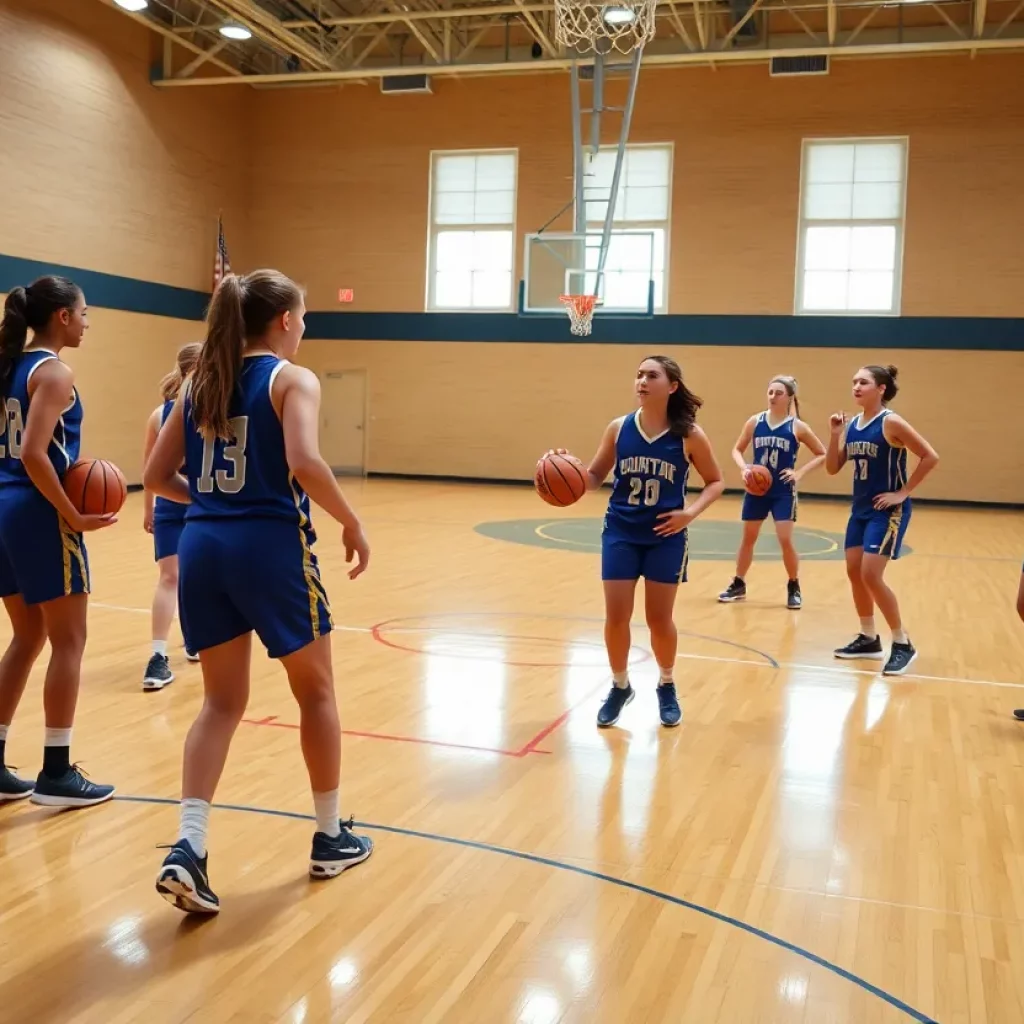 High school girls basketball team practicing on court