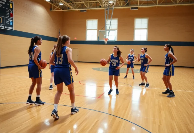 High school girls basketball team practicing on court