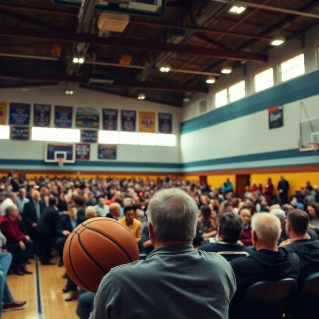 A tribute to a legendary basketball coach in a packed gym