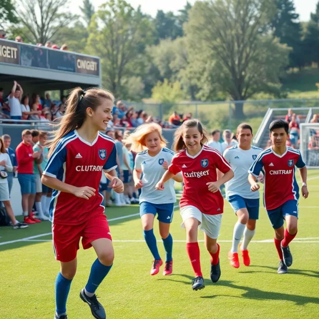 Diverse high school soccer players on the field with enthusiastic fans