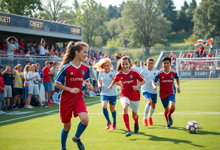 Diverse high school soccer players on the field with enthusiastic fans