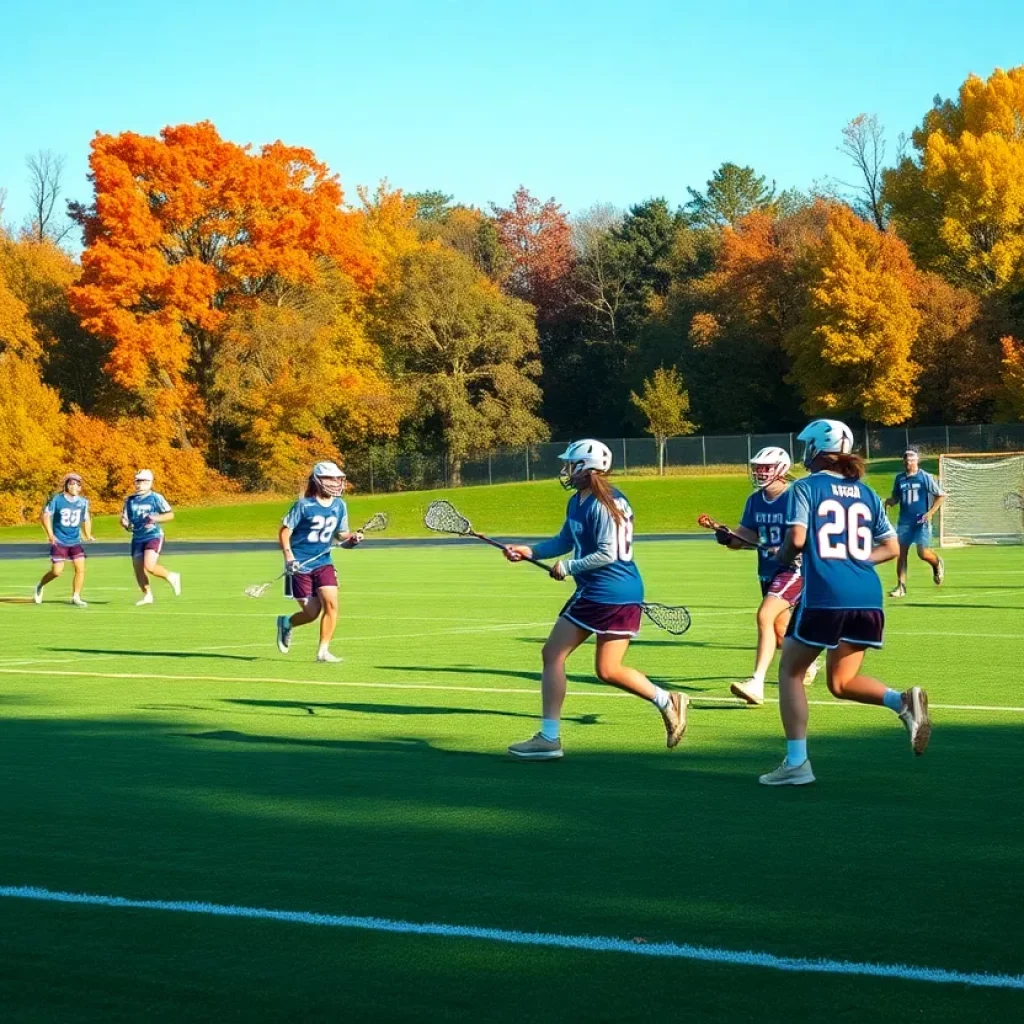 Boys playing lacrosse on a field during a fall league match