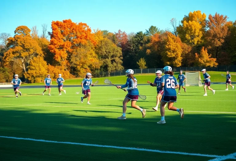 Boys playing lacrosse on a field during a fall league match