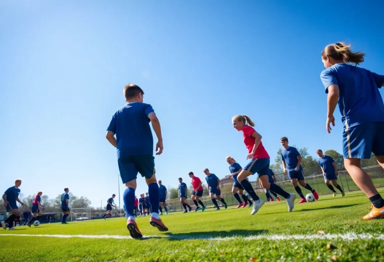 High school soccer players training on the field