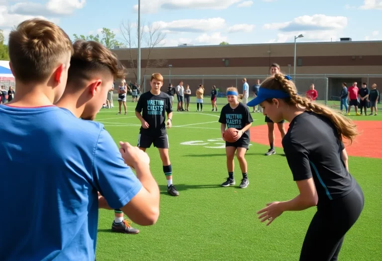 Students practicing wrestling and softball at Bozeman High School