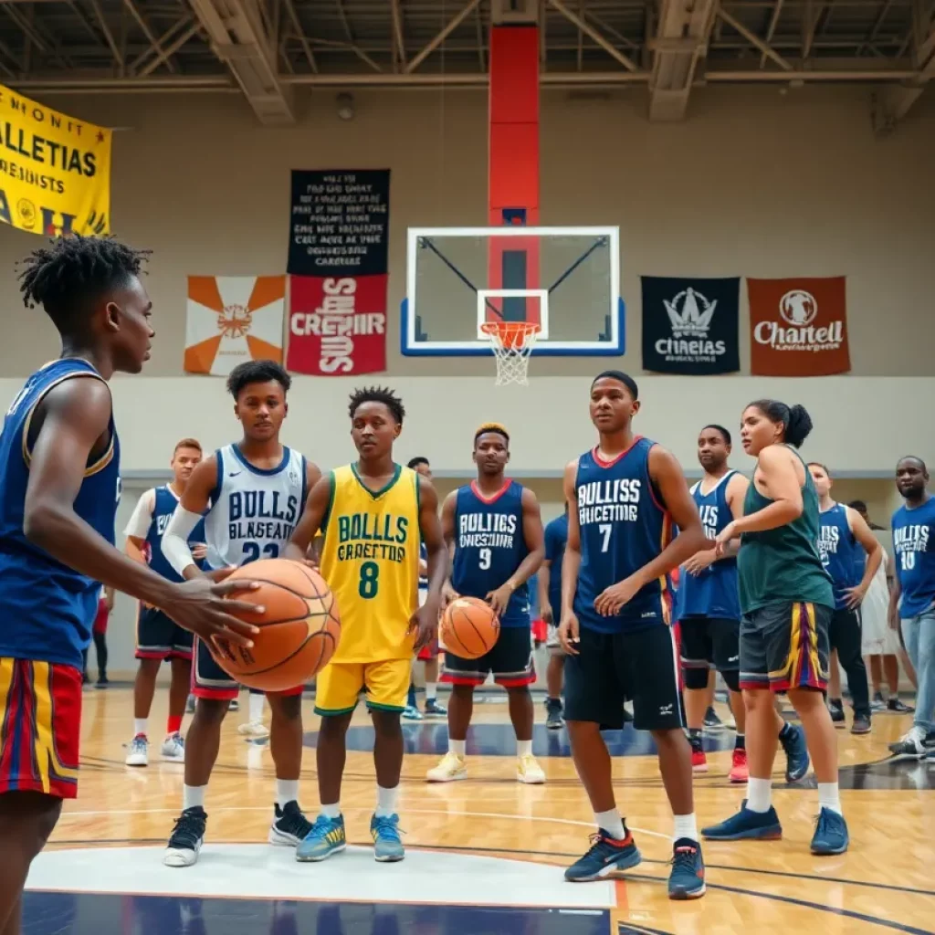 Young basketball players collaborating with local business