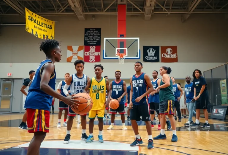 Young basketball players collaborating with local business