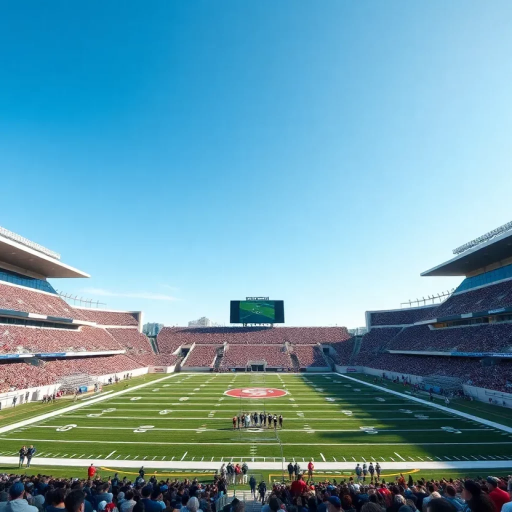 Exterior view of the new Phillip Beard Stadium with fans in attendance