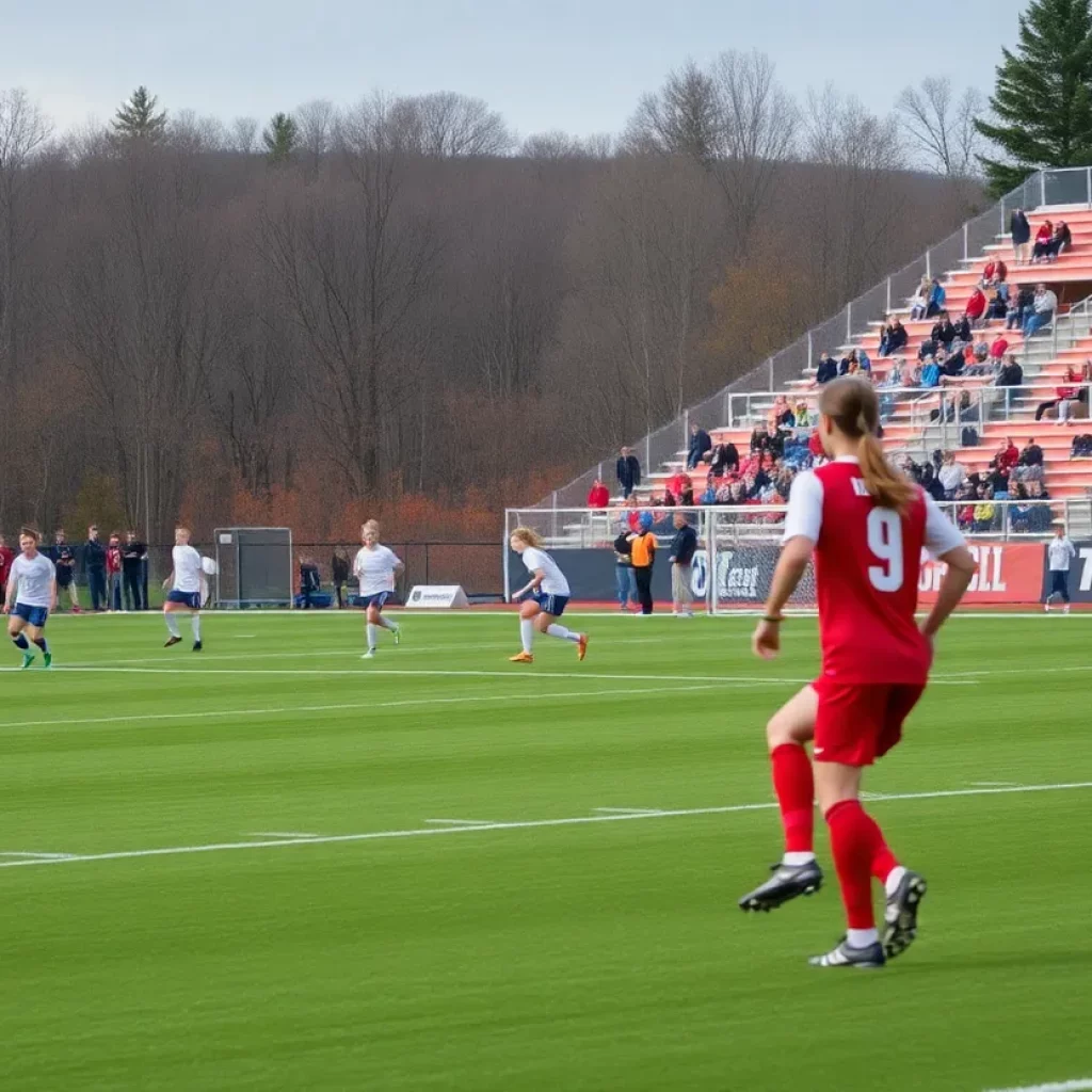 High school boys soccer players practicing on a green field with fans cheering.