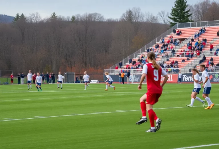 High school boys soccer players practicing on a green field with fans cheering.