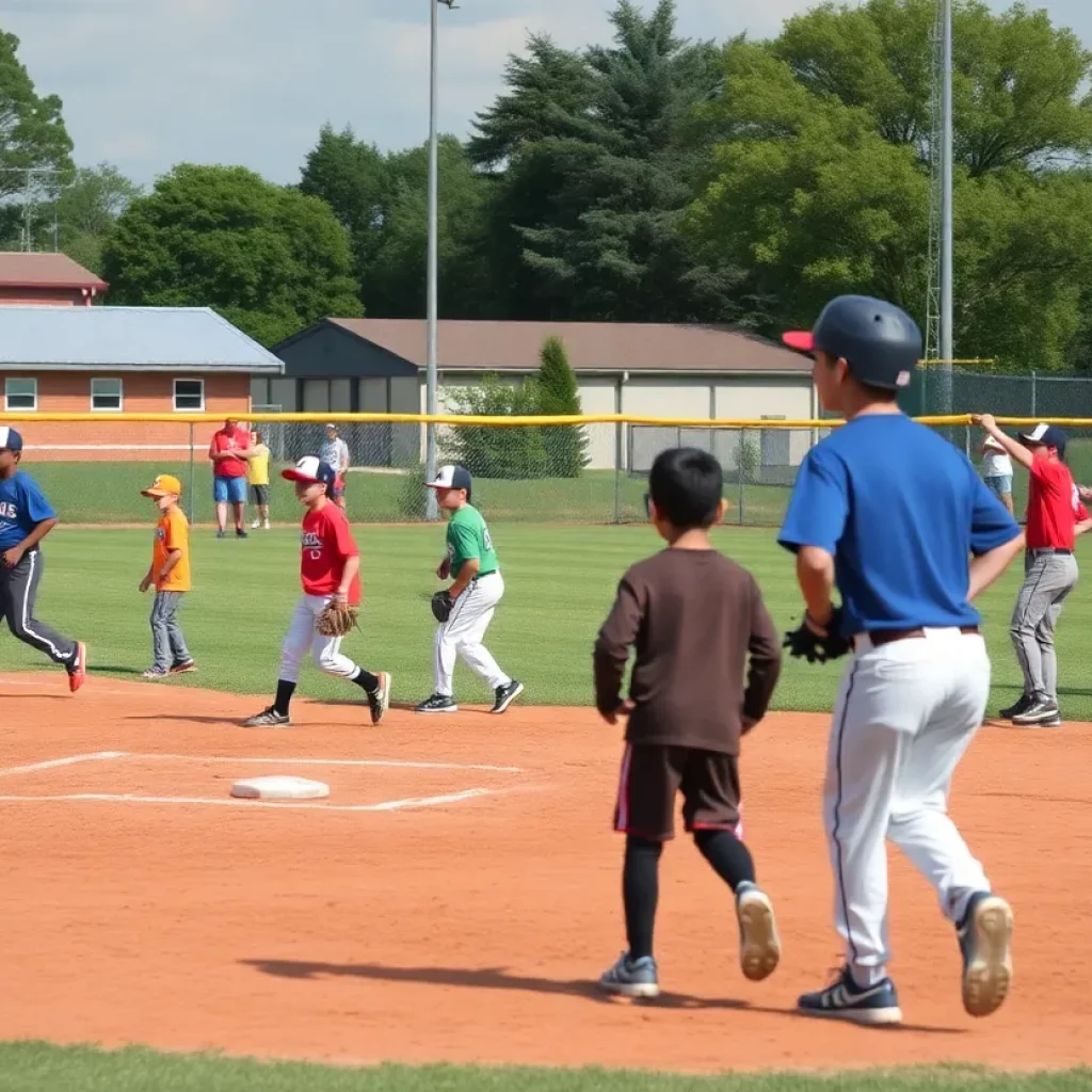 Youth baseball players displaying teamwork on the field
