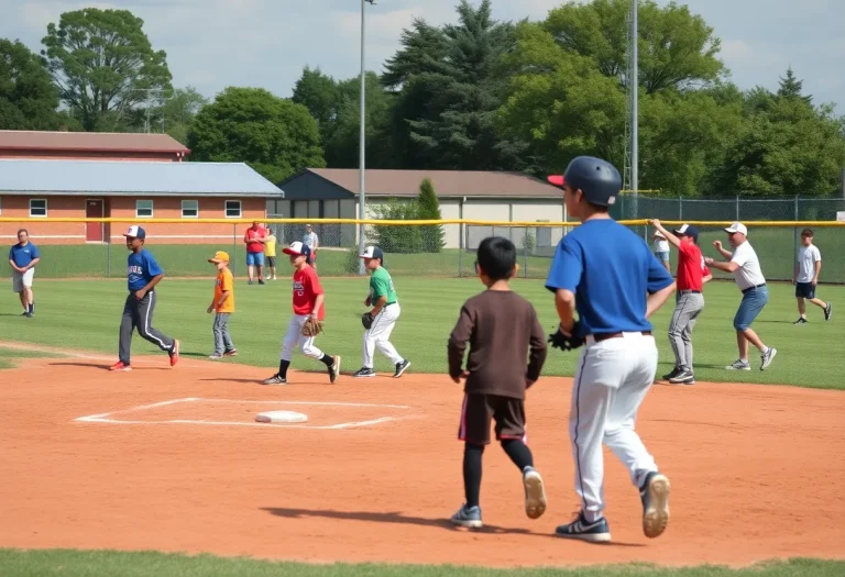 Youth baseball players displaying teamwork on the field