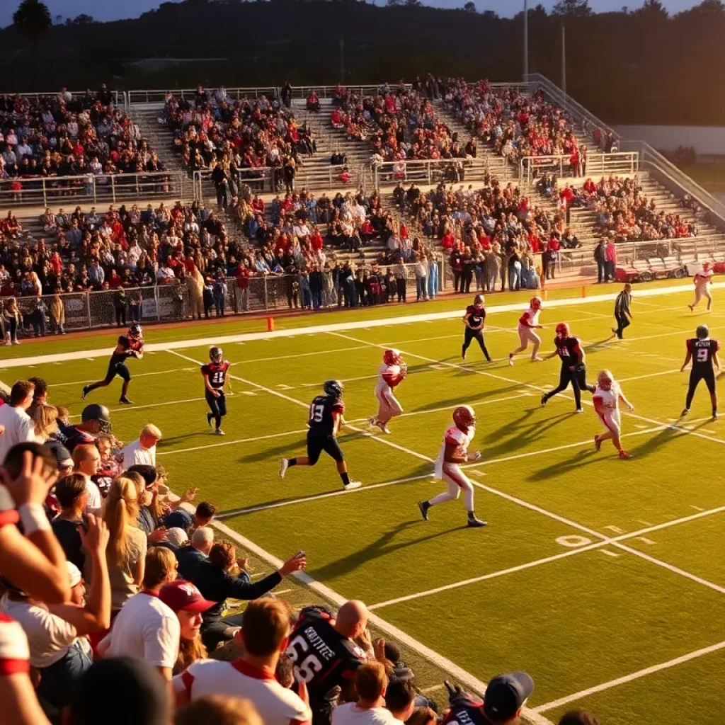 High school football game in California with players in action.
