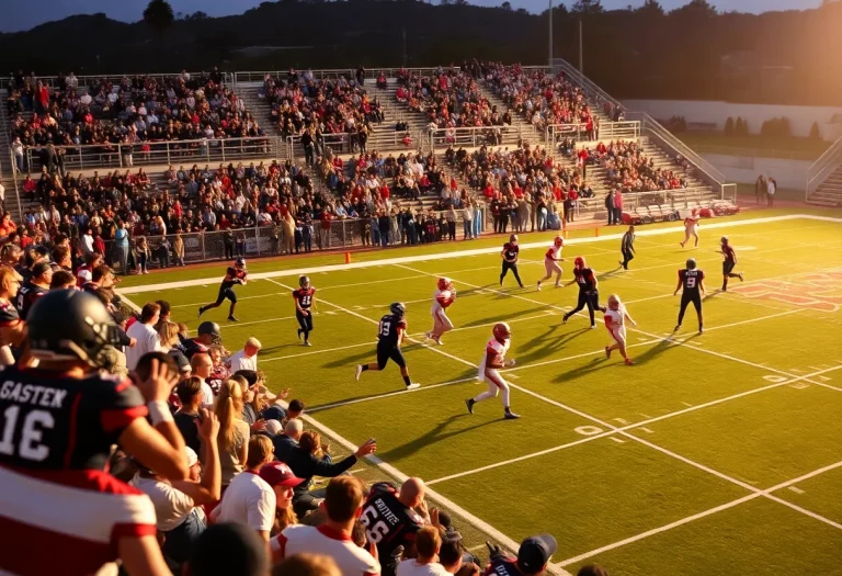 High school football game in California with players in action.