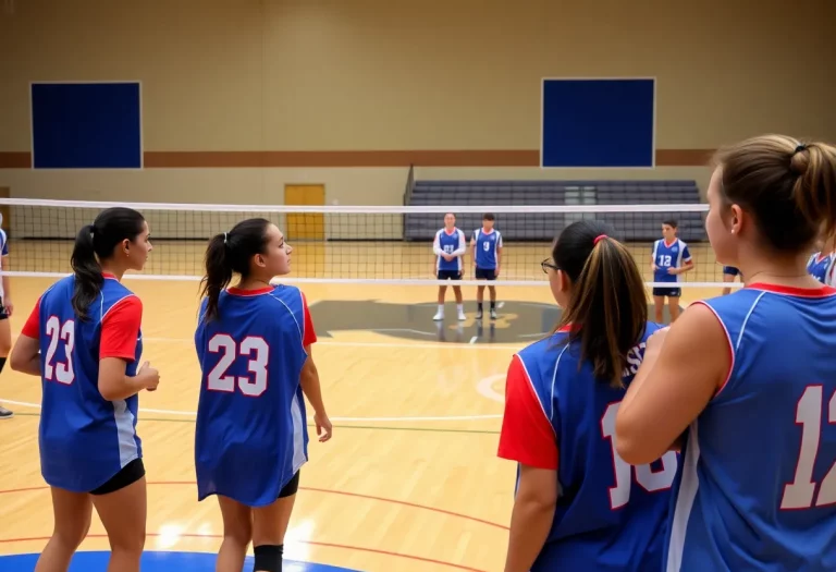 High school volleyball players practicing on the court
