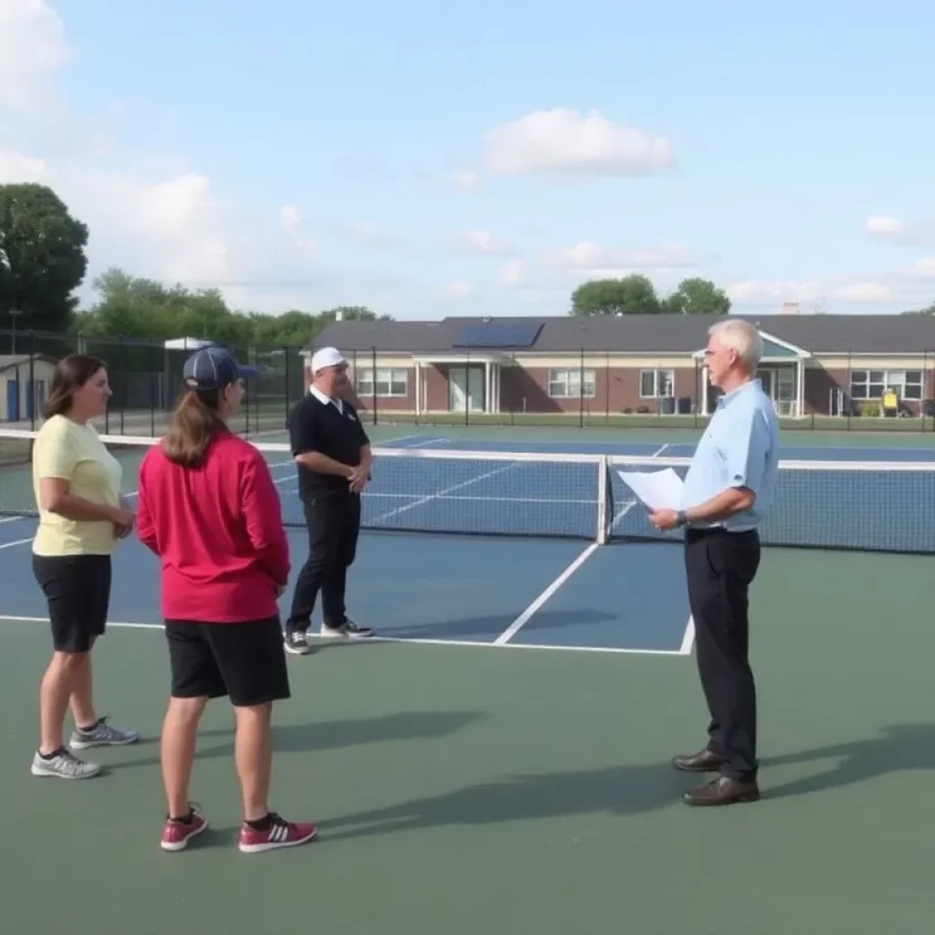 Camas High School tennis courts with community members debating project
