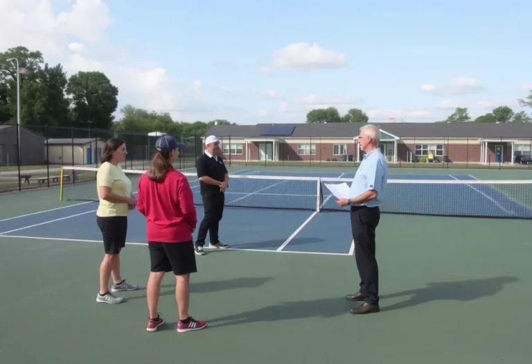 Camas High School tennis courts with community members debating project