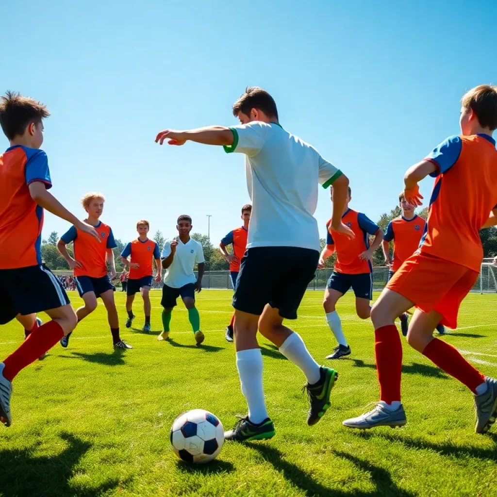 Boys soccer players competing on a field