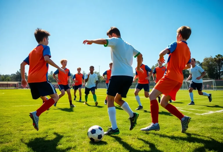 Boys soccer players competing on a field