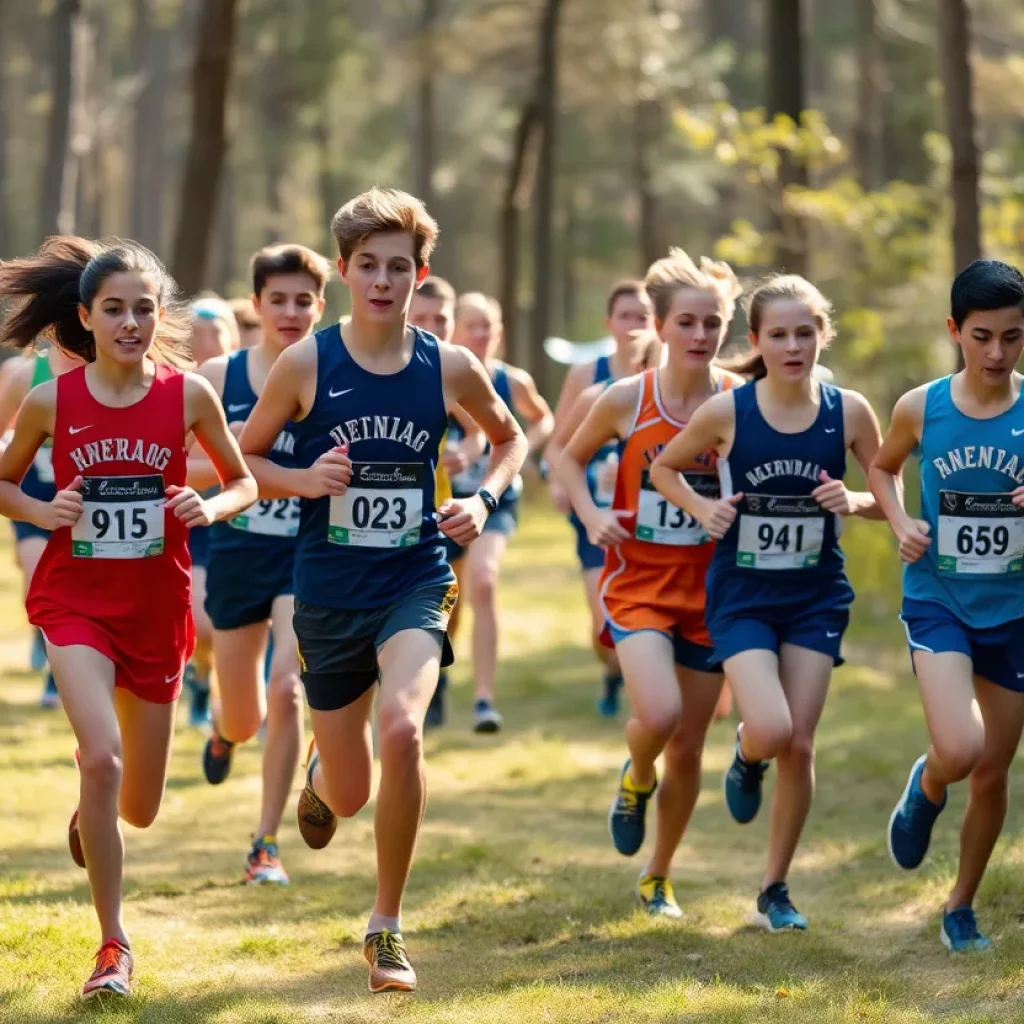 High school cross country runners in action during a race.