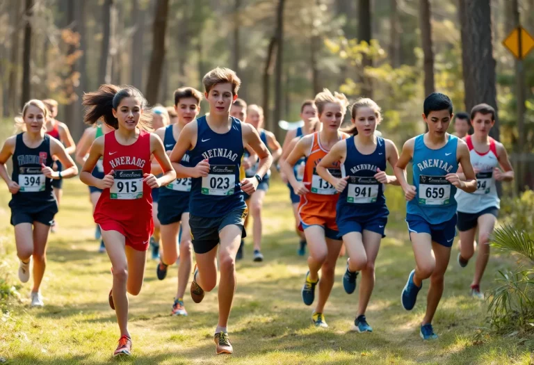 High school cross country runners in action during a race.