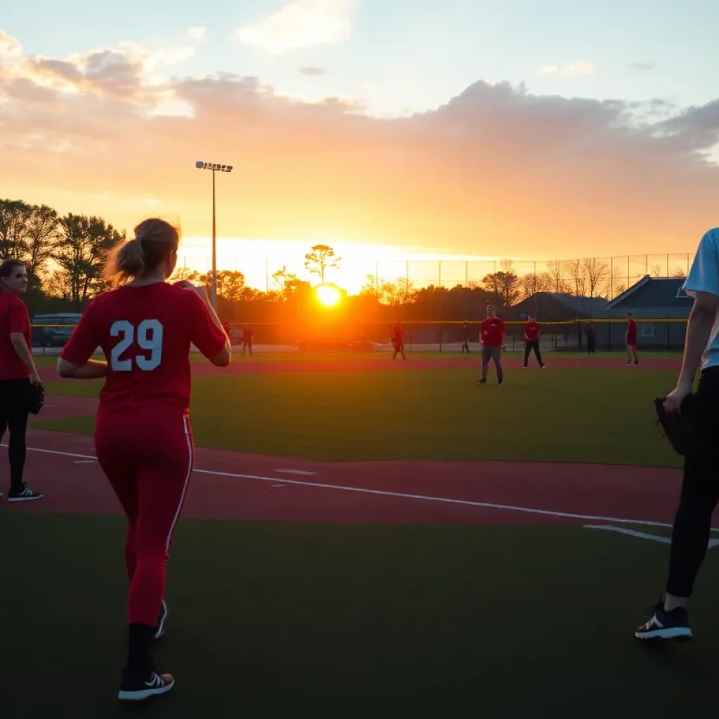 Softball players practicing on Catawba College field during sunset.