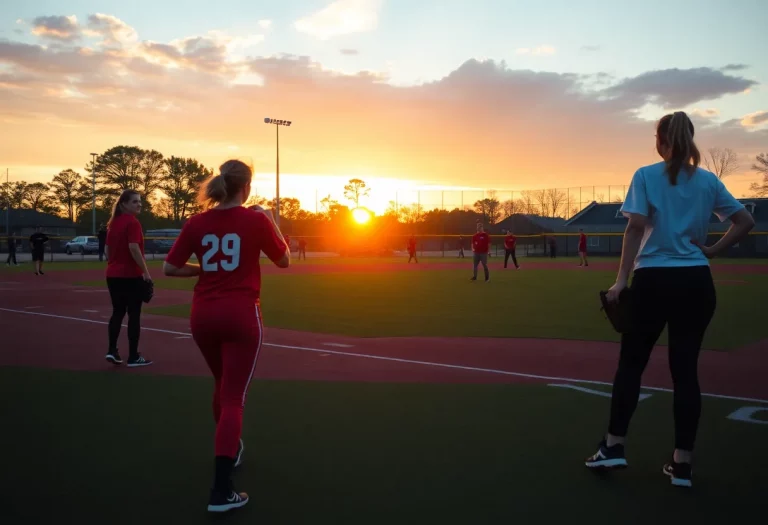 Softball players practicing on Catawba College field during sunset.