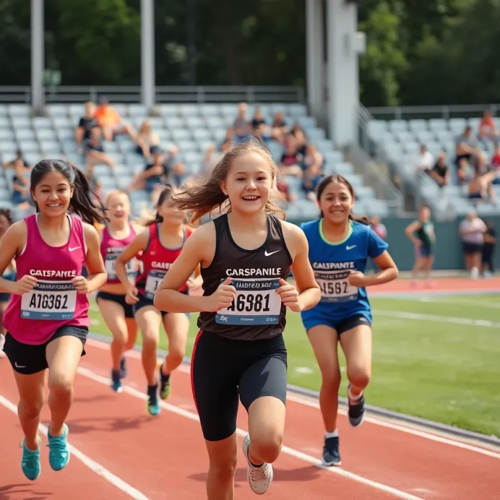 Young female athletes celebrating their achievements in track and field.