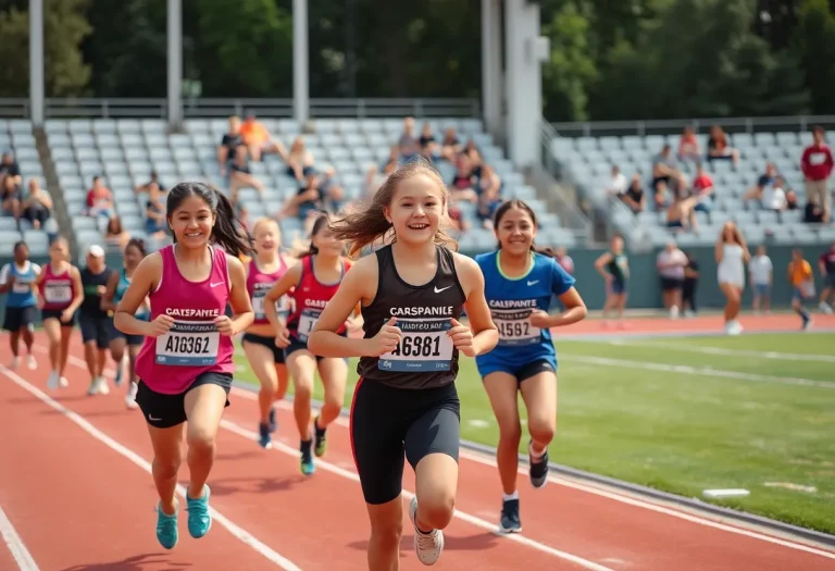 Young female athletes celebrating their achievements in track and field.