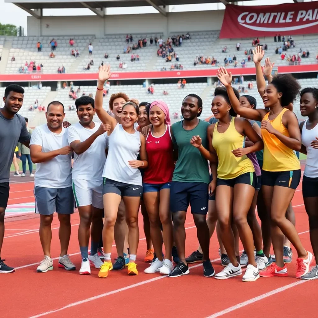 Center Grove unified track team celebrating their victory on the field