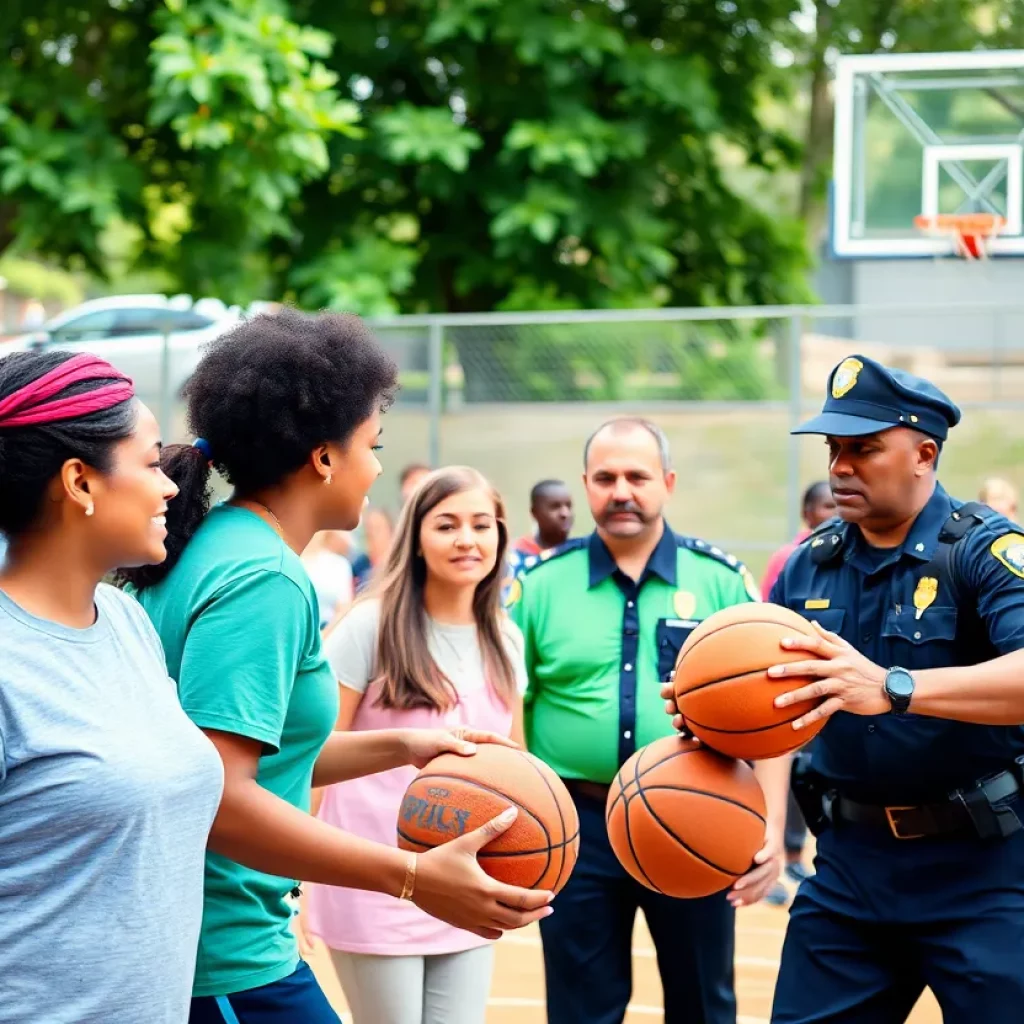 Community members and police officers engaged in a charity basketball game.