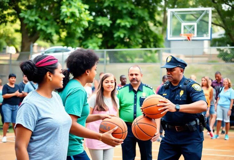 Community members and police officers engaged in a charity basketball game.