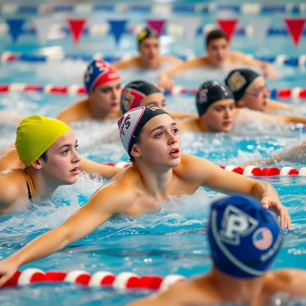 Swimmers competing in a collegiate swimming event