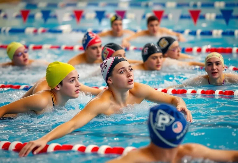 Swimmers competing in a collegiate swimming event