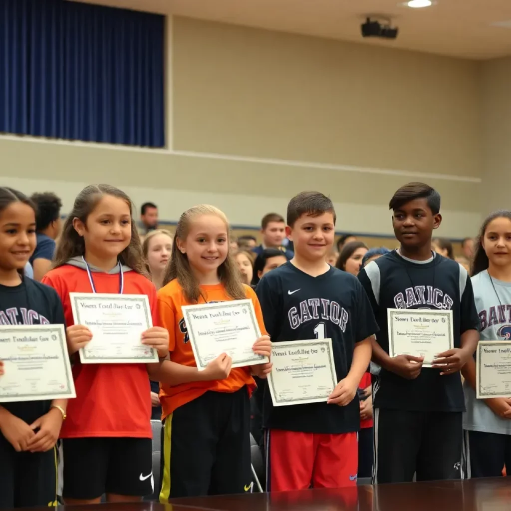 Athletes being recognized at a school board meeting