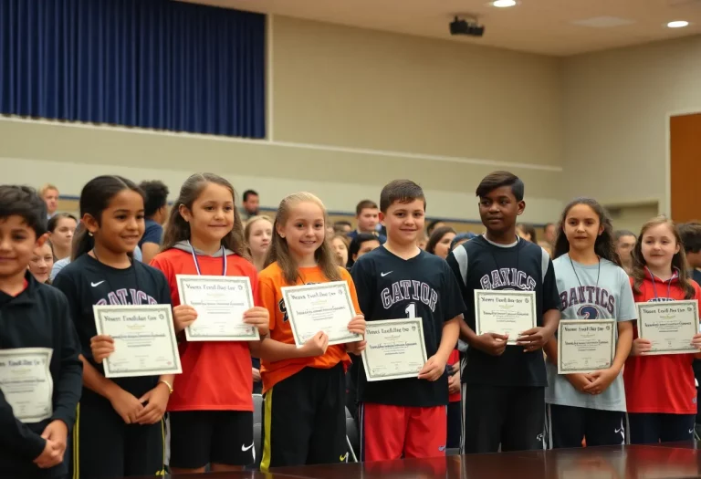 Athletes being recognized at a school board meeting